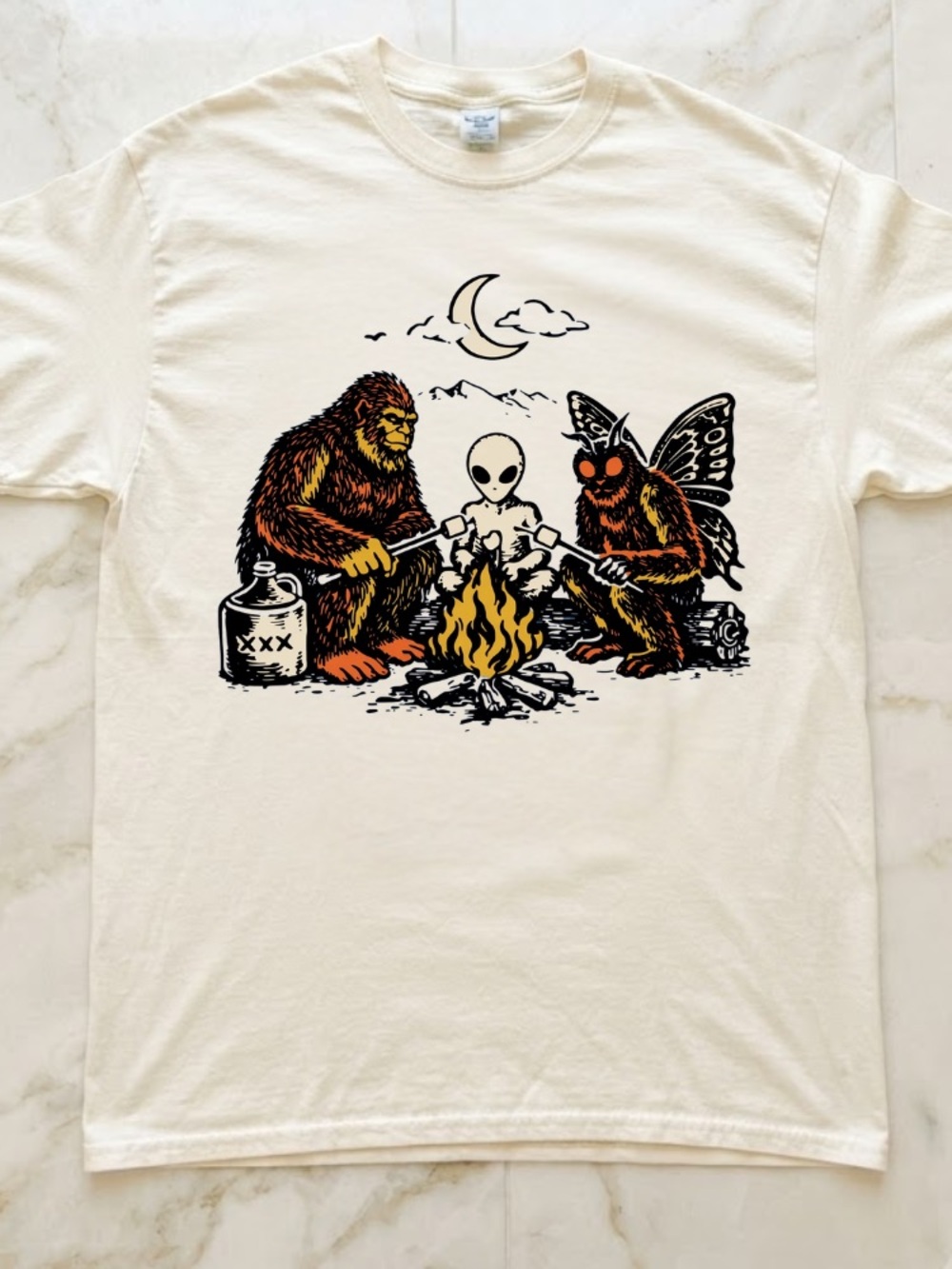 Bigfoot Alien Mothman Campfire Marshmallow Moon Vintage White T-Shirt